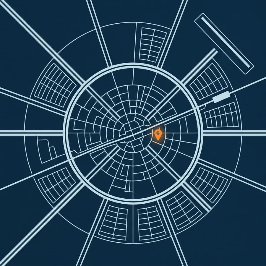 Stilistische kaartillustratie van Eindhoven, met een markering op de kern